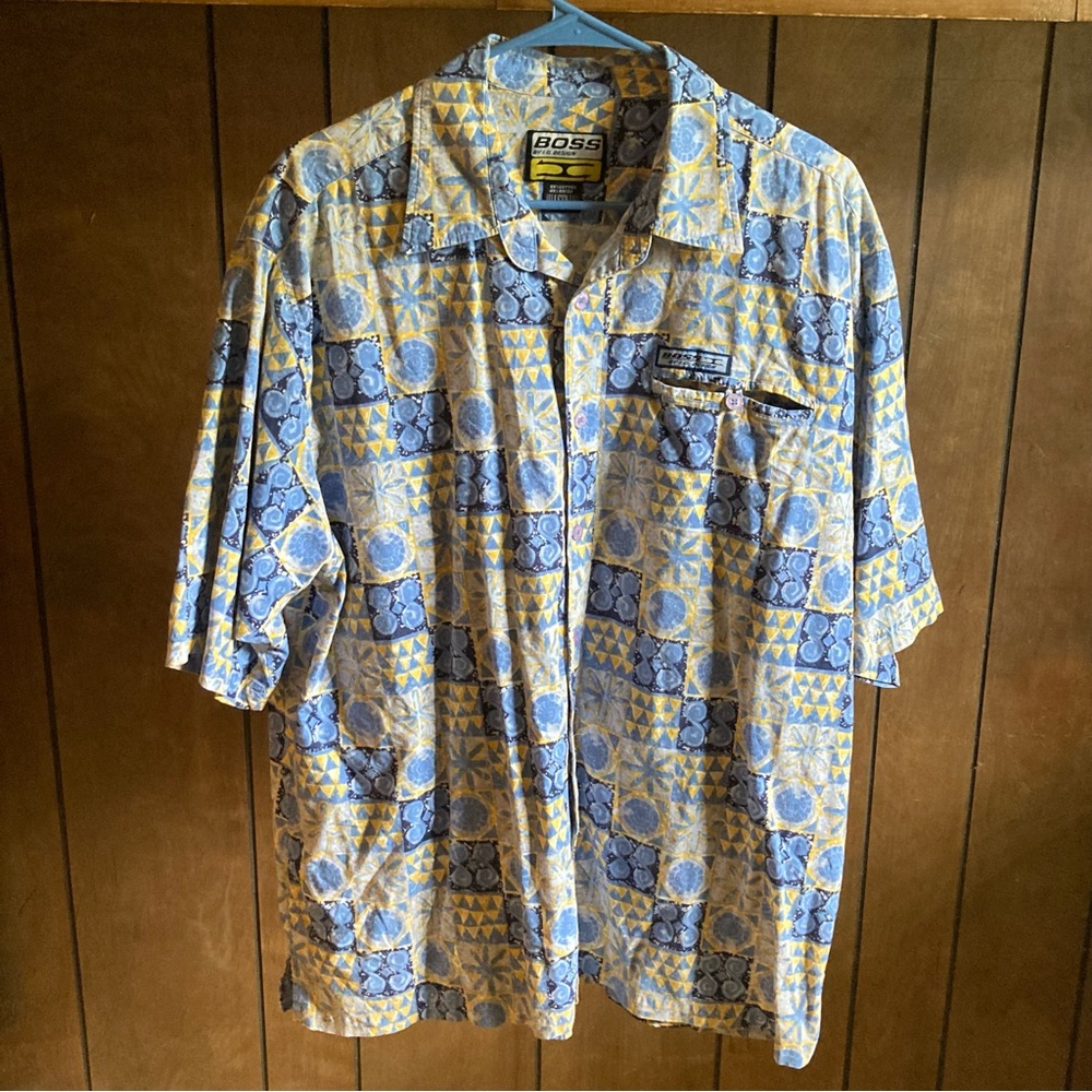 Vintage Boss by IG Design Geometric Pattern Shirt Blue Yellow Mens Size XL 90s